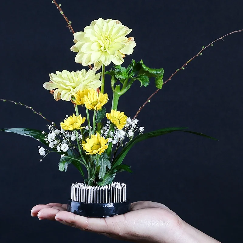 SVY Japanese Kenzan Ikebana Flower Frog – 3.25" Diameter Pin Holder With Brush & Calibrator