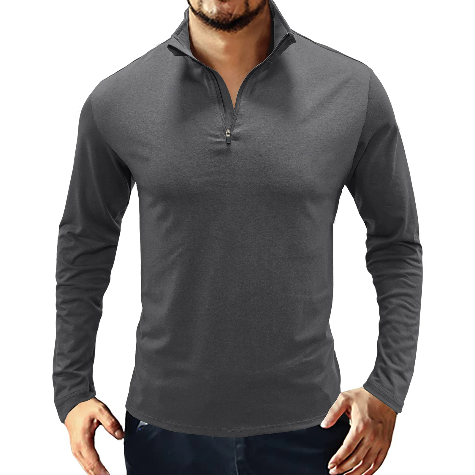 T-shirt da uomo Europea Americana colletto rialzato pullover con cerniera Polo camicia da combattimento a maniche lunghe da allenamento957_voghion.com