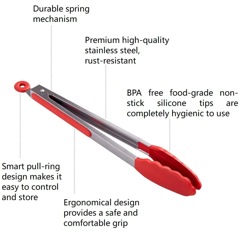Food Grade Silicone Home Kitchen Cooking Tongs Thickened Long Handle BBQ Grill Clip Stainless Steel Food Tong factory