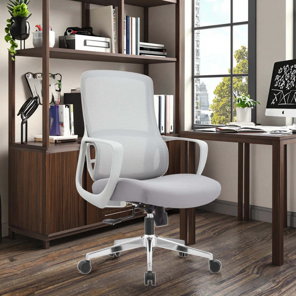 New Arrival JYG-Bell Gray White Rubber Ergonomic Office Chair Reinforced Engineering Plastic Frame Breathable Mesh Back 3D 4