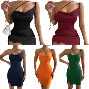 Summer Asymmetrical Neckline Wrap-around slip Dress Fashion Women's Sexy Slit Dress Nightclub Sexy Slim Short One Step Skirt