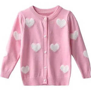 Customizable Winter Love Flocking O-neck Knitted Girls Sweaters Coats Single Button Cute Long Sleeve Kids Sweaters