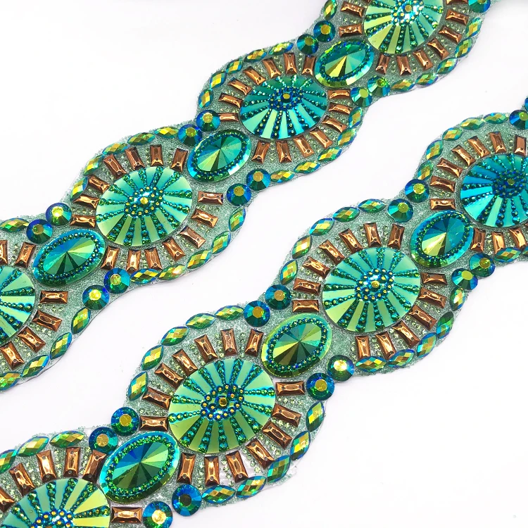 Multicolor Gel-back Iron on Trim Iridescent Hot Fix Rhinestone Trimming Applique for Carnival Kid Costume Design