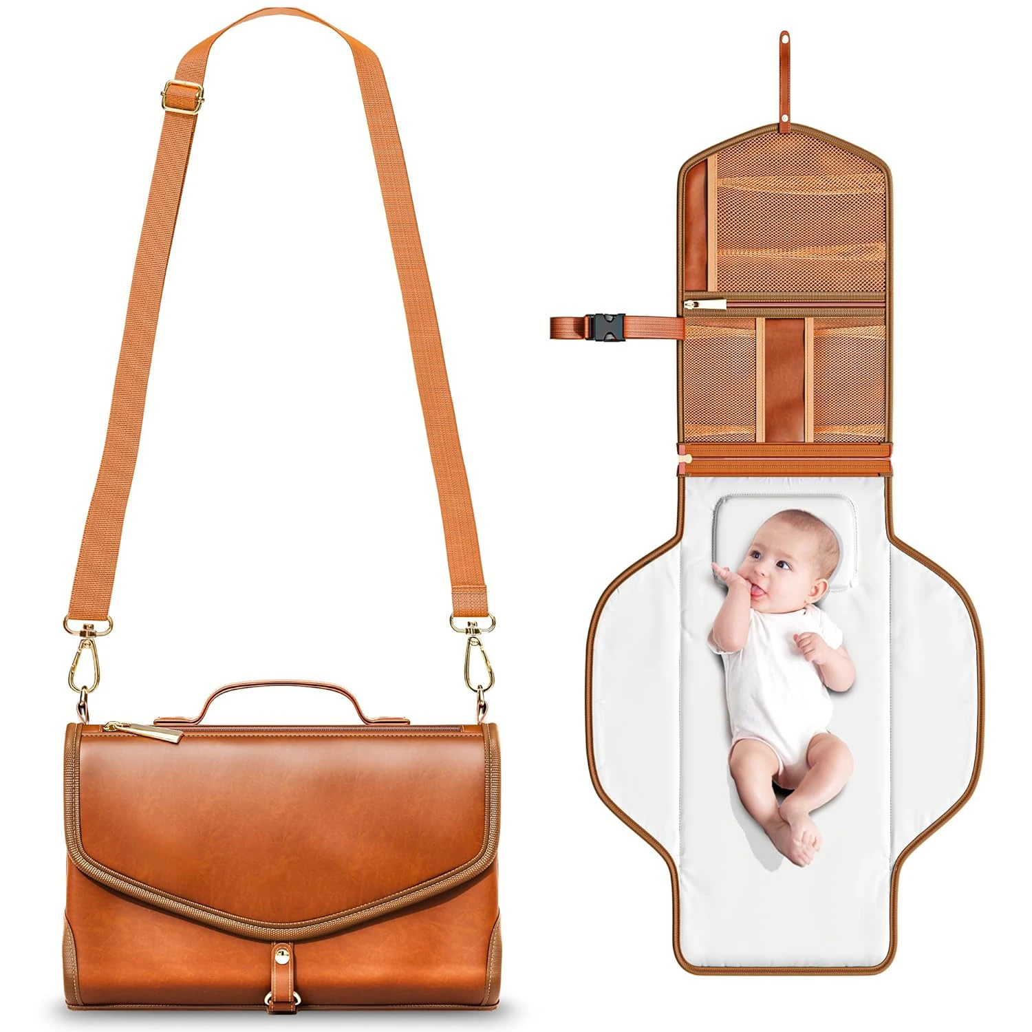 Portable Changing Pad with Shoulder Strap Vegan Leather Diaper Changing Pad with Detachable Travel Changing Pad