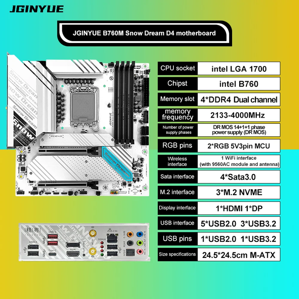 JGINYUE B760M Motherboard M ATX LGA 1700 B760M-Snow Dream D4