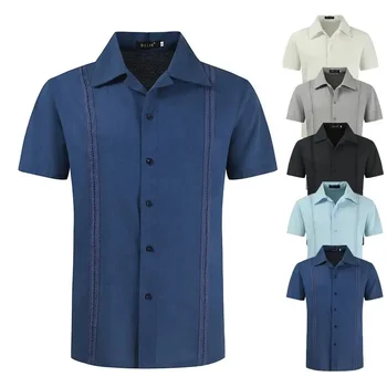 Mens Short Sleeve Shirts Linen Cotton Button Down Tees Spread Collar Plain Shirts A-Grey Large
