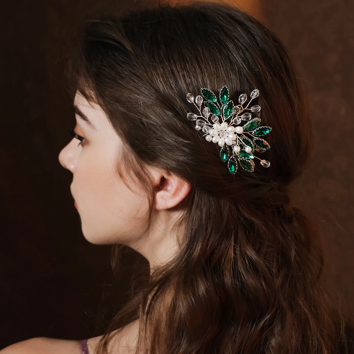 Green Crystal Bridal Headpiece Rhinestone Gold Hair Accessory for Women Bride BERYUAN Women Gold Headpiece Teardrop Emerald Green Crystal  main image 2