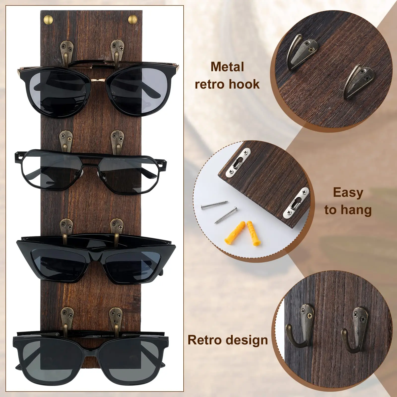 product rustic wooden sunglasses holder wall mounted eyeglasses organizer rack for 4 pairs glasses display storage wall decoration-3