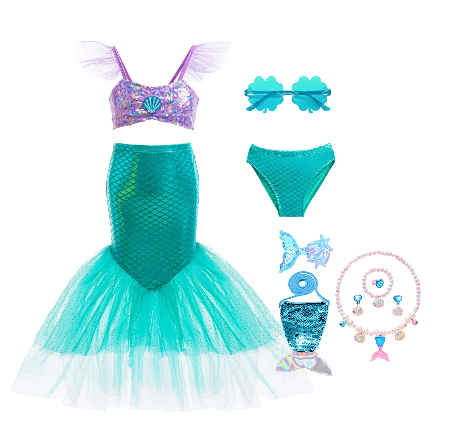 mermaid toddler dress Sparkling Mermaid Princess Dress for Girls, Purple & Aqua Green / 5T