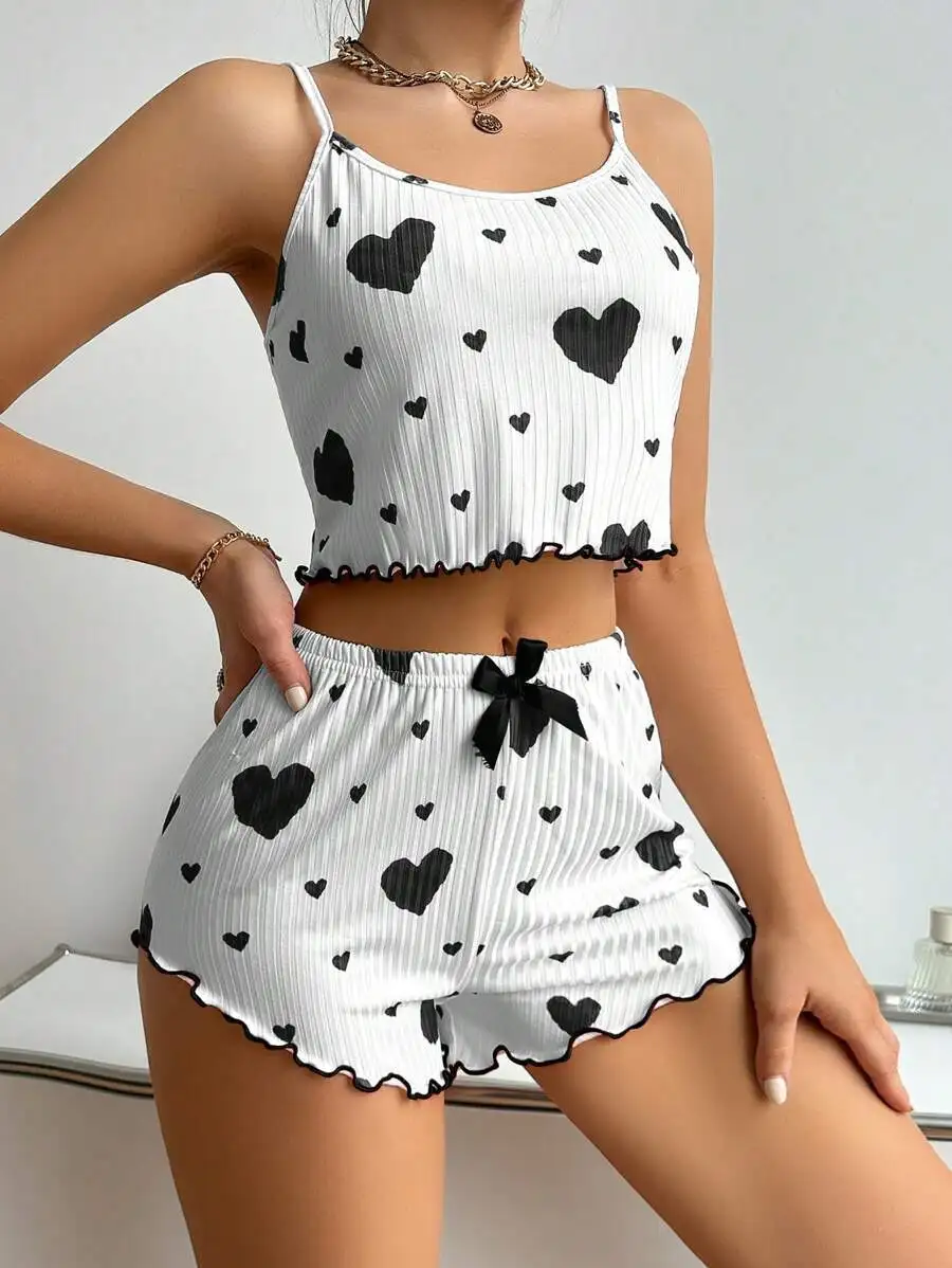 2024 European and American Women's Knitted Pit Stripe Print Sweet Camisole Shorts Pajamas
