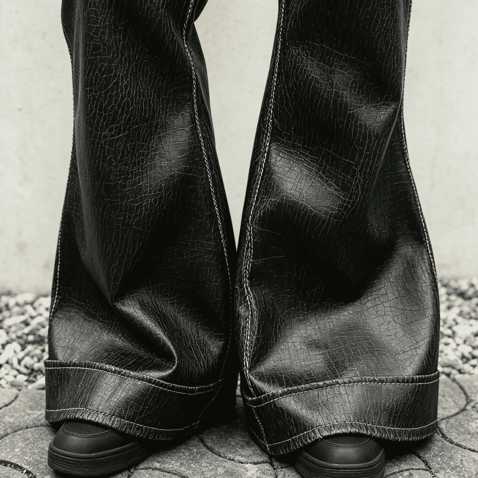OEM Black Faux Leather Pants Wide Leg Baggy Fit Contrast Stitch Streetwear Supplier Fashion Wear Winter Men Leather Pants gallery 4