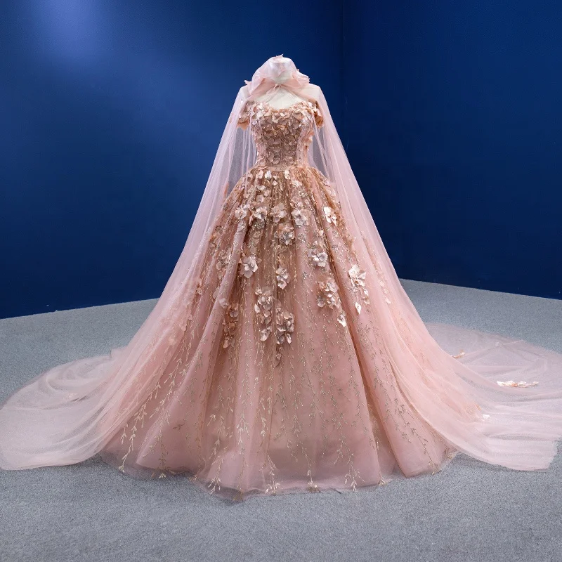 Wholesale Price Gorgeous Crystal Glitter Puffy 3D Flower Lace Applique Pink  Prom Dress With Detachable Cape
