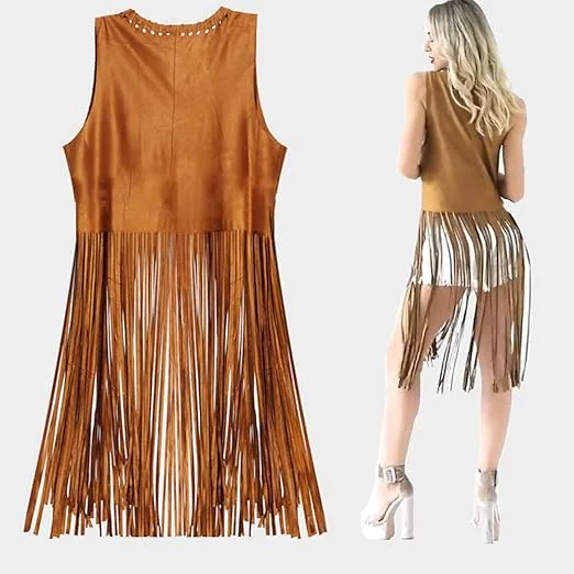 Disfraz Hippie Para Mujer – Chaleco Con Flecos Y Accesorios De Los Años 70 – Fiesta De Disfraces Y Halloween