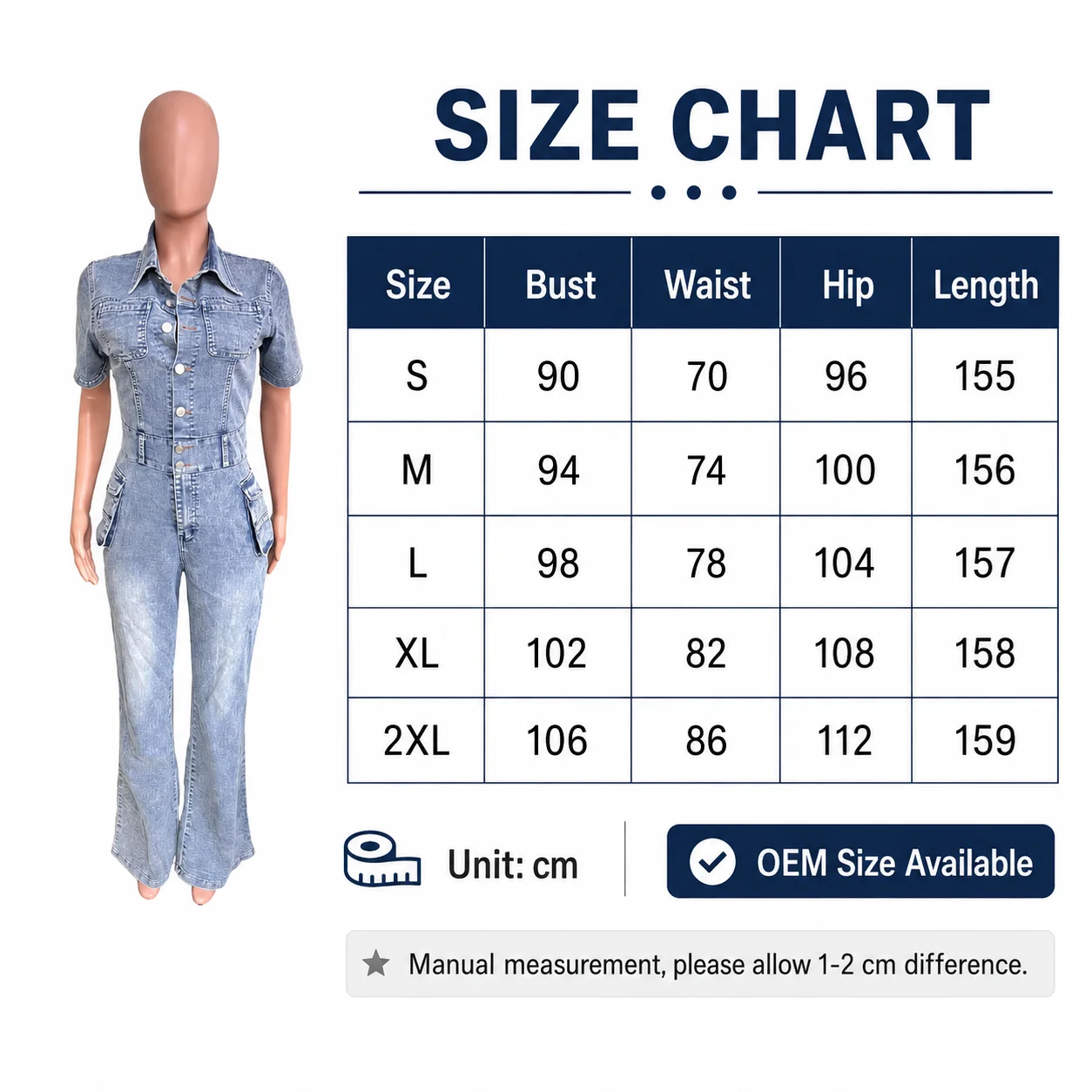 Stretch Washed Denim Jumpsuits for Women Casual Breathable Activewear 100% Cotton