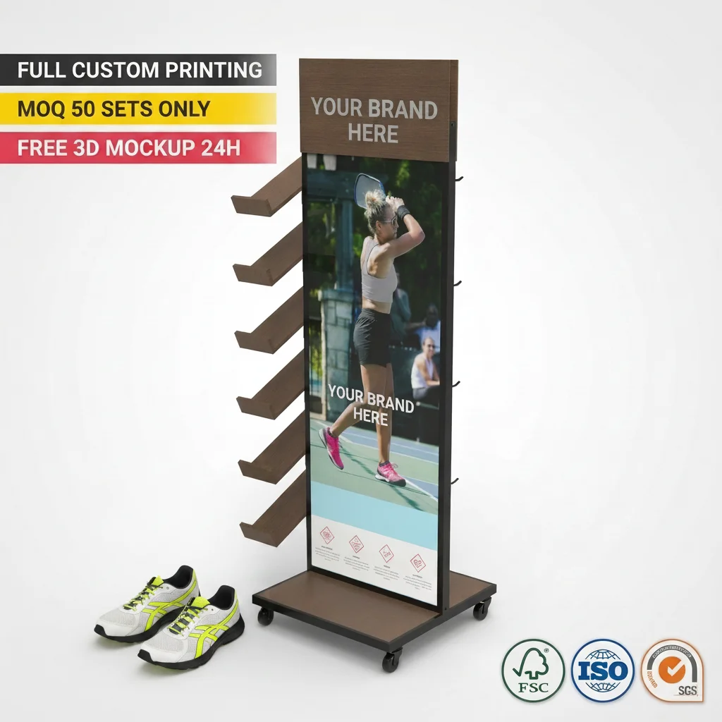 Custom Wooden Shoe Display Rack Stand for Sneakers Sports Shoes Retail Store Floor Display Shelf Clothing Rack