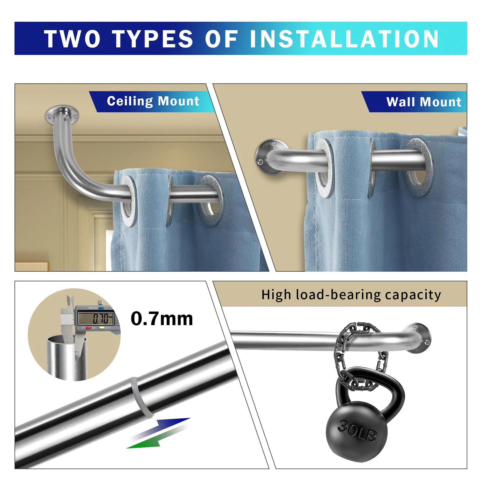 Customizable Steel Curtain Rod with Easy-to-Install Curved Pipe for Window Use in Rooms and Bathrooms