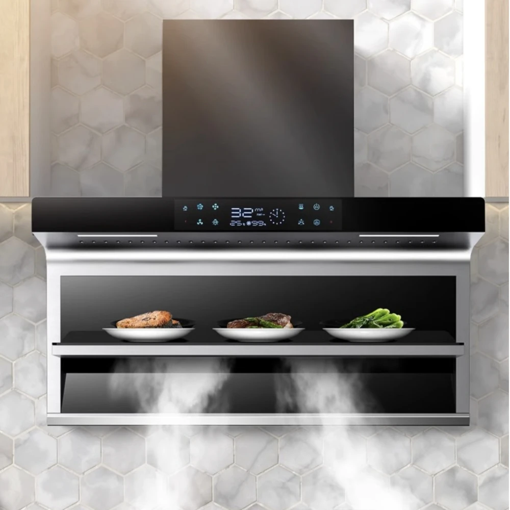 AI Smart  Control Keep Food Warm Smoke Sensing Wall Mounted Range Hood Gold Cooker Exhaust Hood for Kitchen Filter Extractor