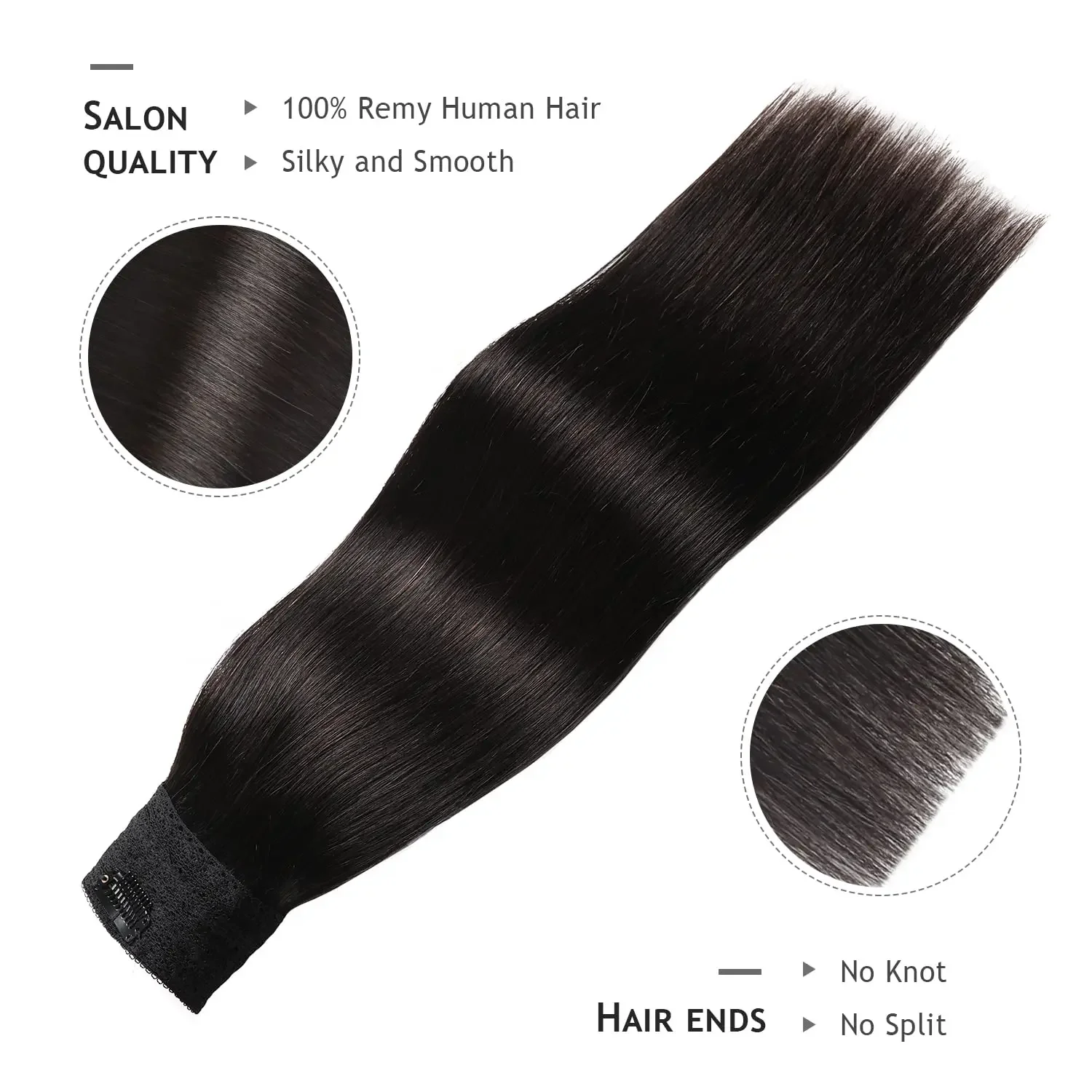 Clip in Human Hair Extensions One-Piece Invisible Fishing Line Wire 4-Clips Remy Natural Black 1B_voghion.com