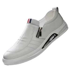 Factory Direct White Leather Men's Loafers Comfortable Slip-On Dress Shoes Height Increasing Flat Feature British Low Price