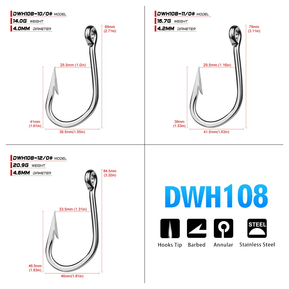 WEIHE 6/0-13/0# 5pcs/bag DWH108 Saltwater Fishing Hook Stainless Steel Hooks