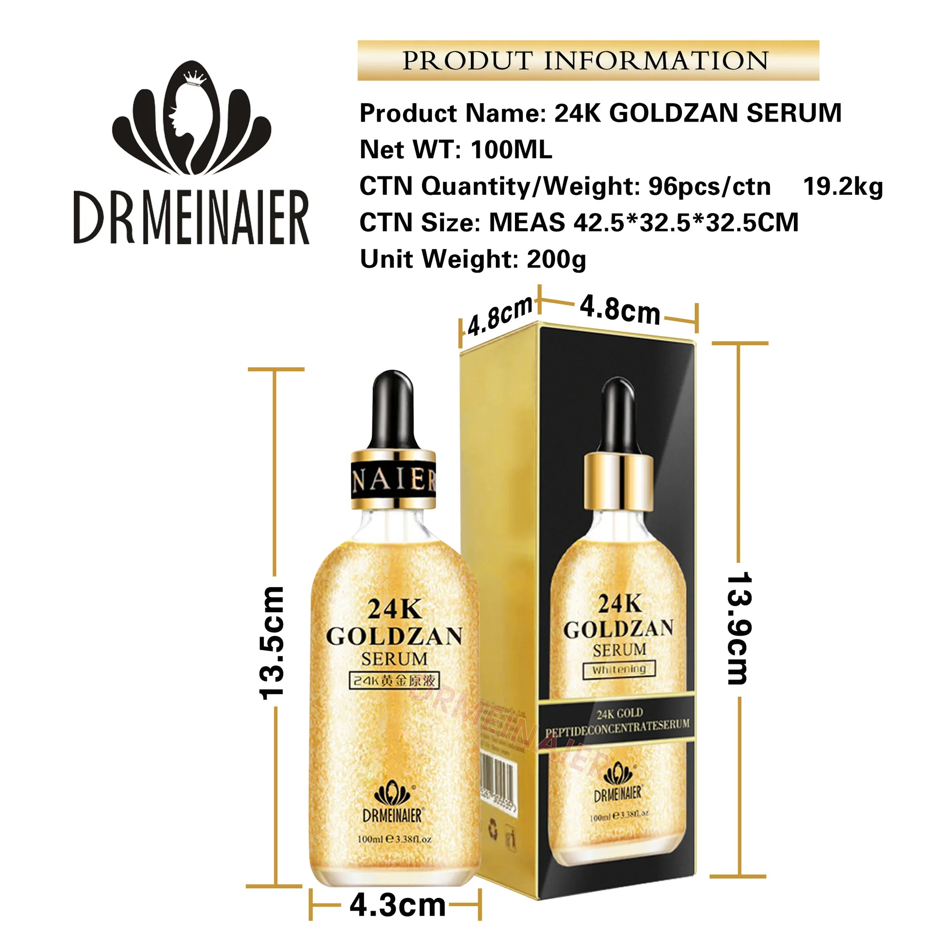 DRMEINAIER Private Label  Anti Aging Wirkle Acne Dark Spot Remover 24K Goldzan Face Serum 100ml