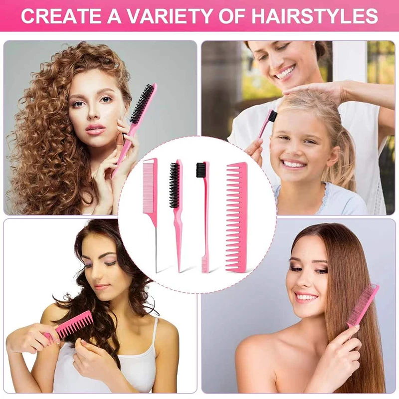 4Pcs Hair Brush and Comb Set Plastic Edge Brush Teasing Hair Brush Rat Tail Comb and Wide Tooth Comb for Men and Women
