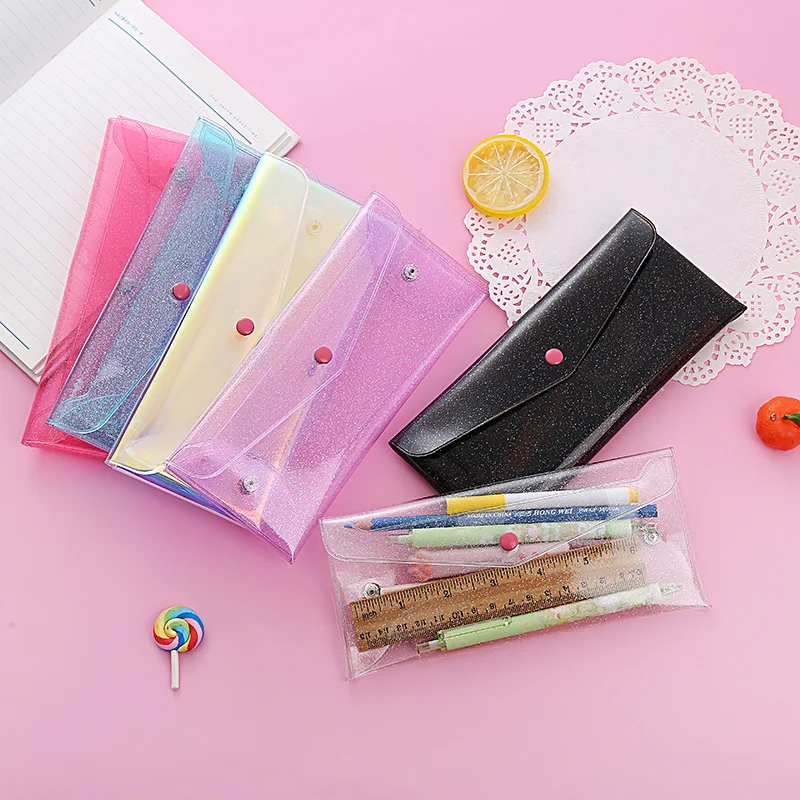 Wholesale Glitter Clear Pen Bag Holographic PVC Pencil Pouch Envelope Coin Purse with Snap Button Storage Bags