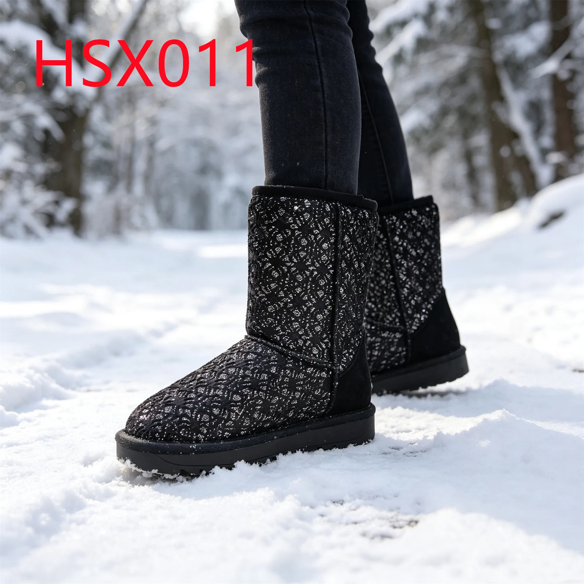 HY,Snowy Commute Keep Warm Wool Lining Hua Singh Lady Winter Boots Durable Canvas Fabric Anti-slip Midi Boots in Korea HSX011