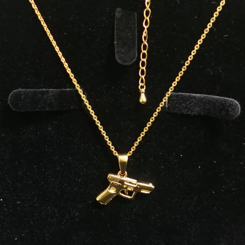 Men Fashion 18K Golden Plated Hip Hop Rock Necklace Stainless Steel Pistol  Pendant Necklace Mens Women Jewellery Gift Wholesale