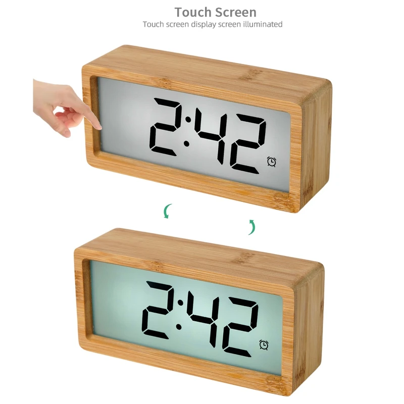 Wooden Digital Alarm Clock Bedroom Study Room Home Decoration Time Date Temperature Measurement Large Screen Desk Clock