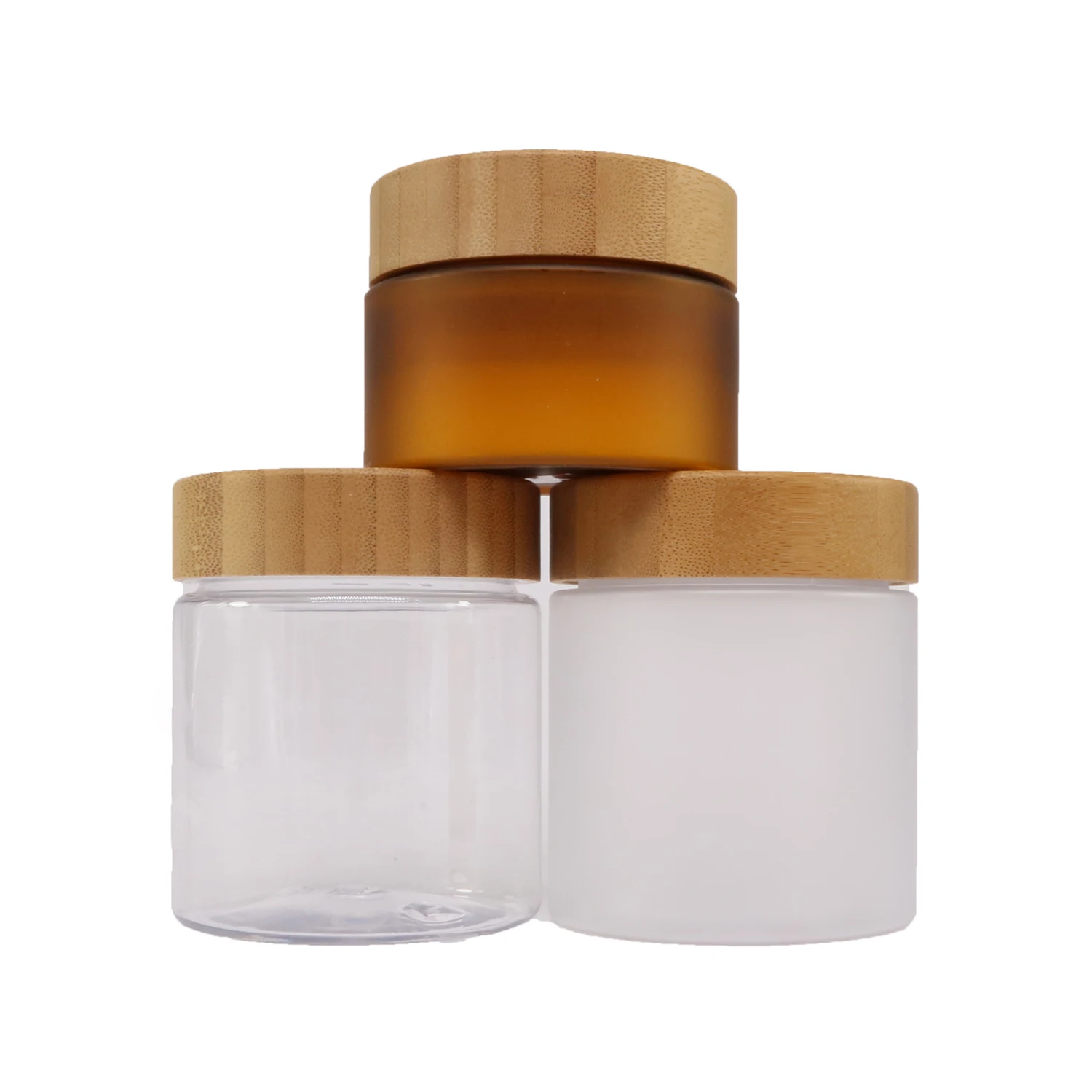 Cosmetic Jar Bamboo Lid Body Scrub BUTTER Cosmetic Cream Container 150ml 150g 250ml 5oz 8oz PET Frosted Amber Plastic Jar With Bamboo Wooden Lids