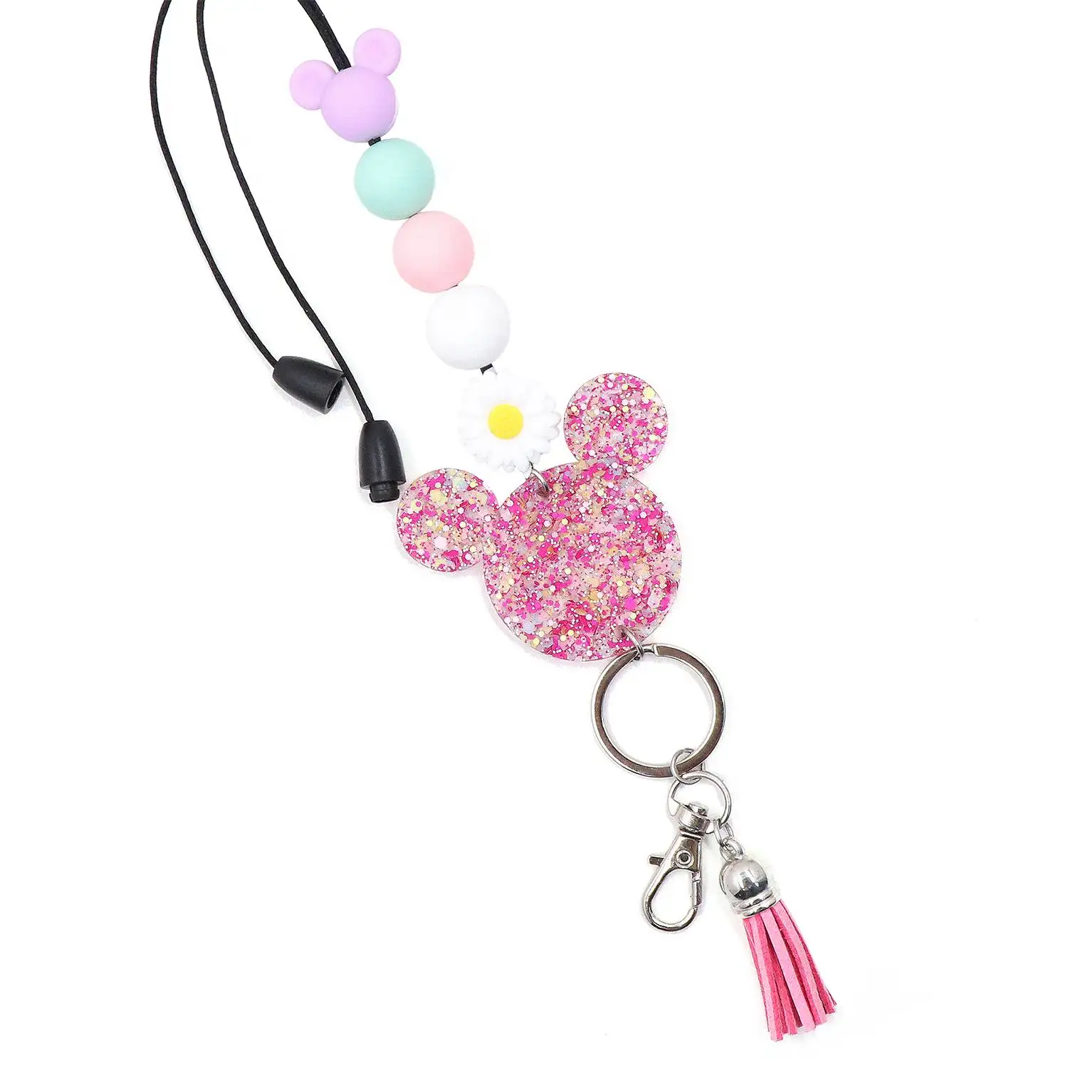 YYXKH1373 Cute Pink Laser Cutting Acrylic Lanyard with Silicone Mouse Bead Stainless Steel UV Printed Certificate for Key Use