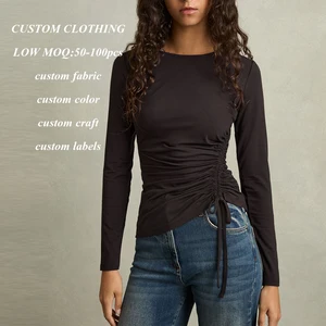 Supplier Bulk Wholesale Solid Color Blank Tshirts Custom Ruched Design Crew Neck Women Plain Jersey Long Sleeve t Shirt