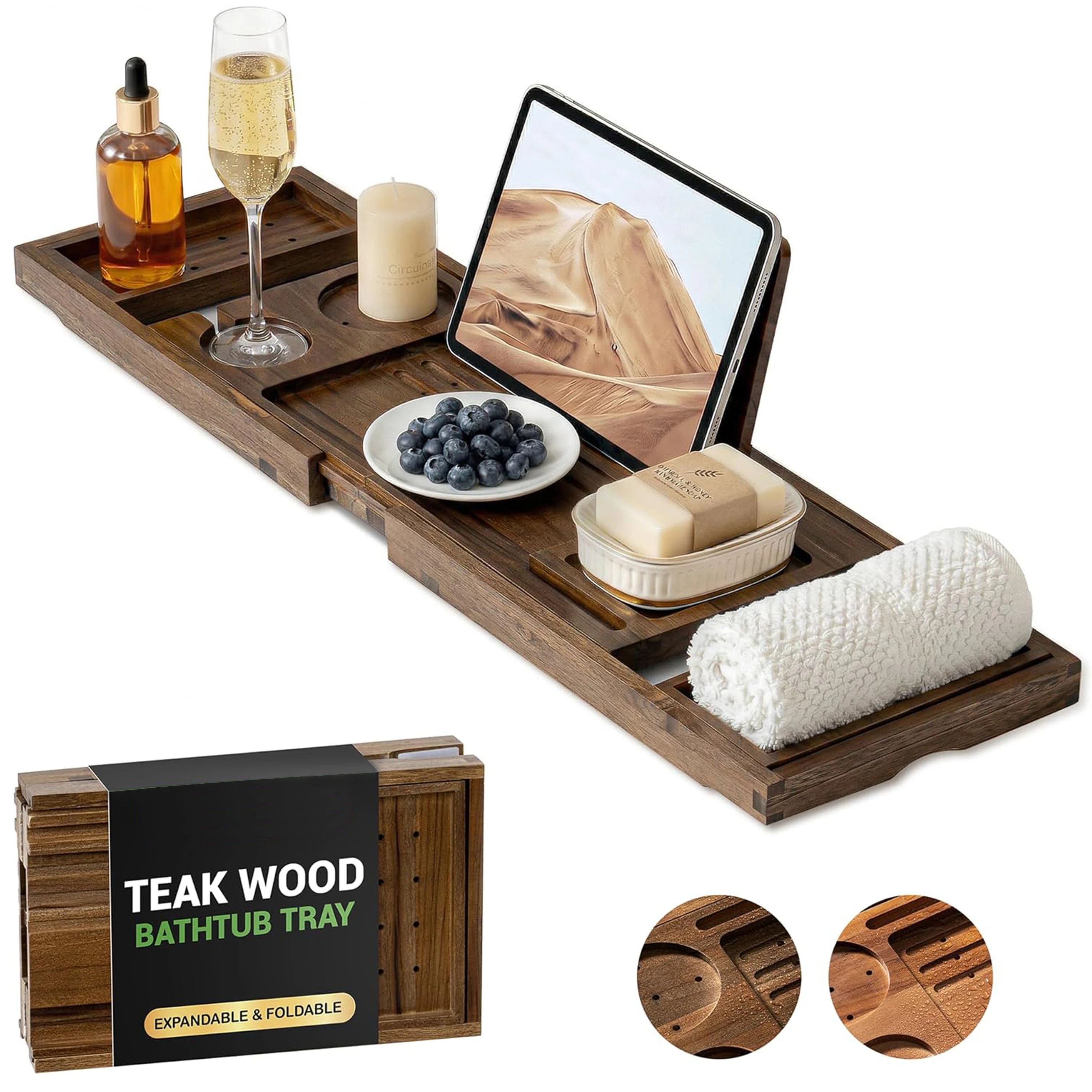 Dark Walnut Teak Wood Expandable Bathtub Tray Foldable Non-slip Bath Caddy with Wine Glass Tablet Holder Waterproof Spa Rack