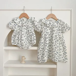 Comfortable Floral Cotton Baby Girl Dresses Casual Style Print Puffed Sleeves Birthday Suit with Collar for Crawling