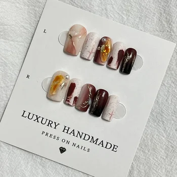 Wholesale 10pcs brown square Hand Painted Gel Press Nails Beautiful Luxury Customized Design Artificial press on nails