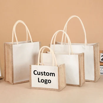 Custom Logo Hemp Bag Small Reusable Gift Burlap Tote Bag Shopping Jute Bag