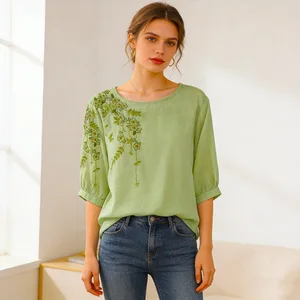 New Fashion Summer Women's Embroidered Casual Summer O-Neck Floral Shirts Women 3 Quater Sleeve Breathable Tops