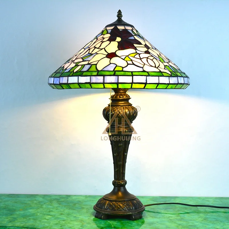 LongHuiJing Tiffany-Style 2-Light Flower Table Lamp with 20" Lampshade