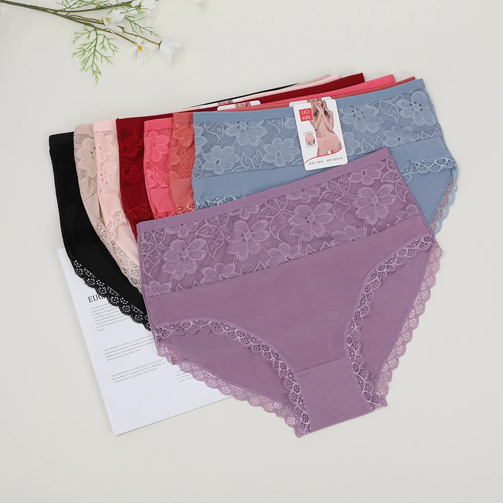 UOKIN  New Cheap Fabric Breathable Polyester Lace Panties Womens Sexy Bi Hip Underwear Panties Mix 8 Colors Xxxl
