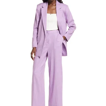 Elegant Oversize Linen Blend Blazer & Pants wholesale clothing two piece purple outfits set custom designed women's clothing set