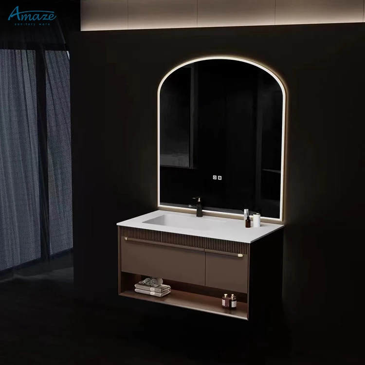 Modern simple design customize bath wall mounted furniture bathroom mirrored vanity cabinet with ceramic sink