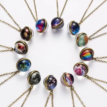 YHS014 Europe and America Fashion Luminous Universe Galaxy Planet Glass Necklace Double-side Vintage Universe Necklace
