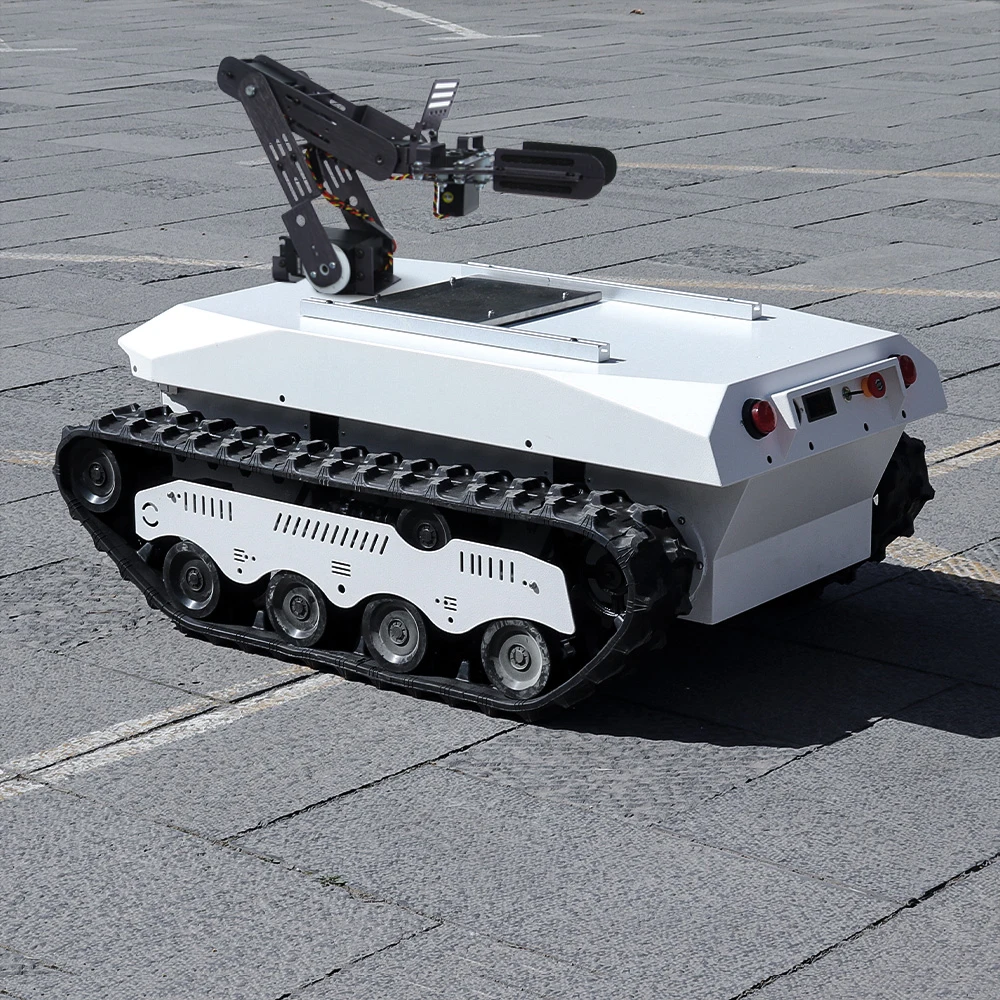 Robotic Arm Mounted on Robotic Platform Rubber Track Vehicles