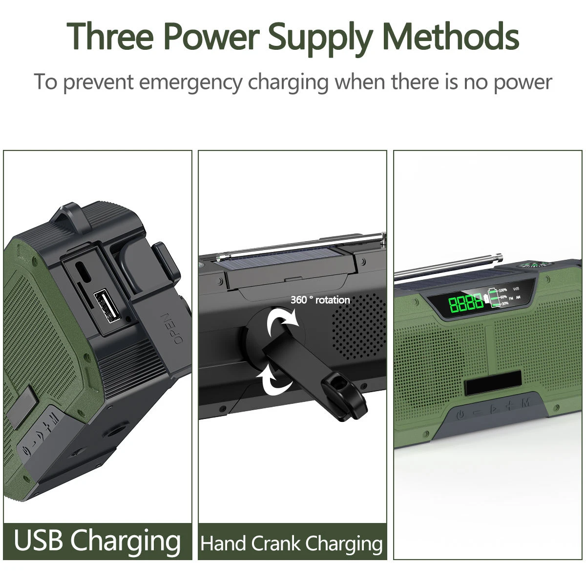 Solar USB Charging Hand Crank Dynamo Power Bank AM/FM Portable Radio with LED Flashlight SOS Emergency Mp3 Player Speaker