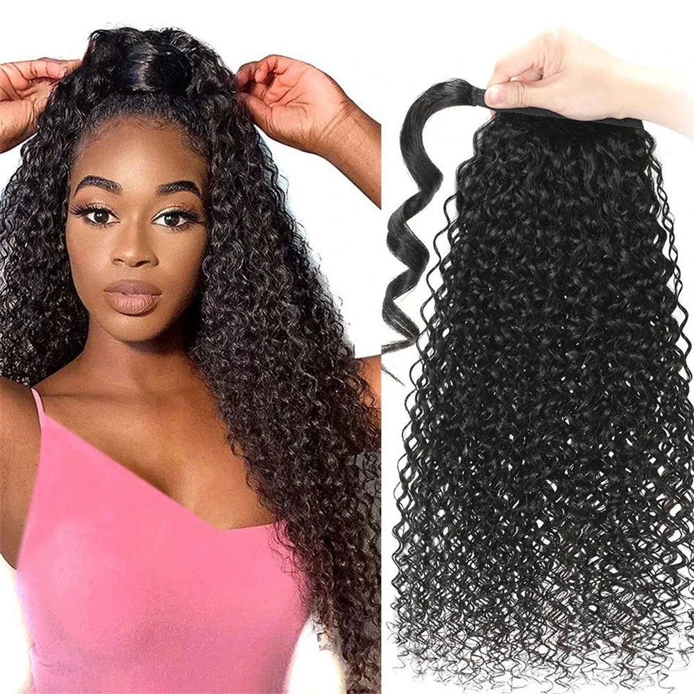 Body Wave Human Hair Ponytail Extension Natural Black Clip In Curly 32 inches_voghion.com
