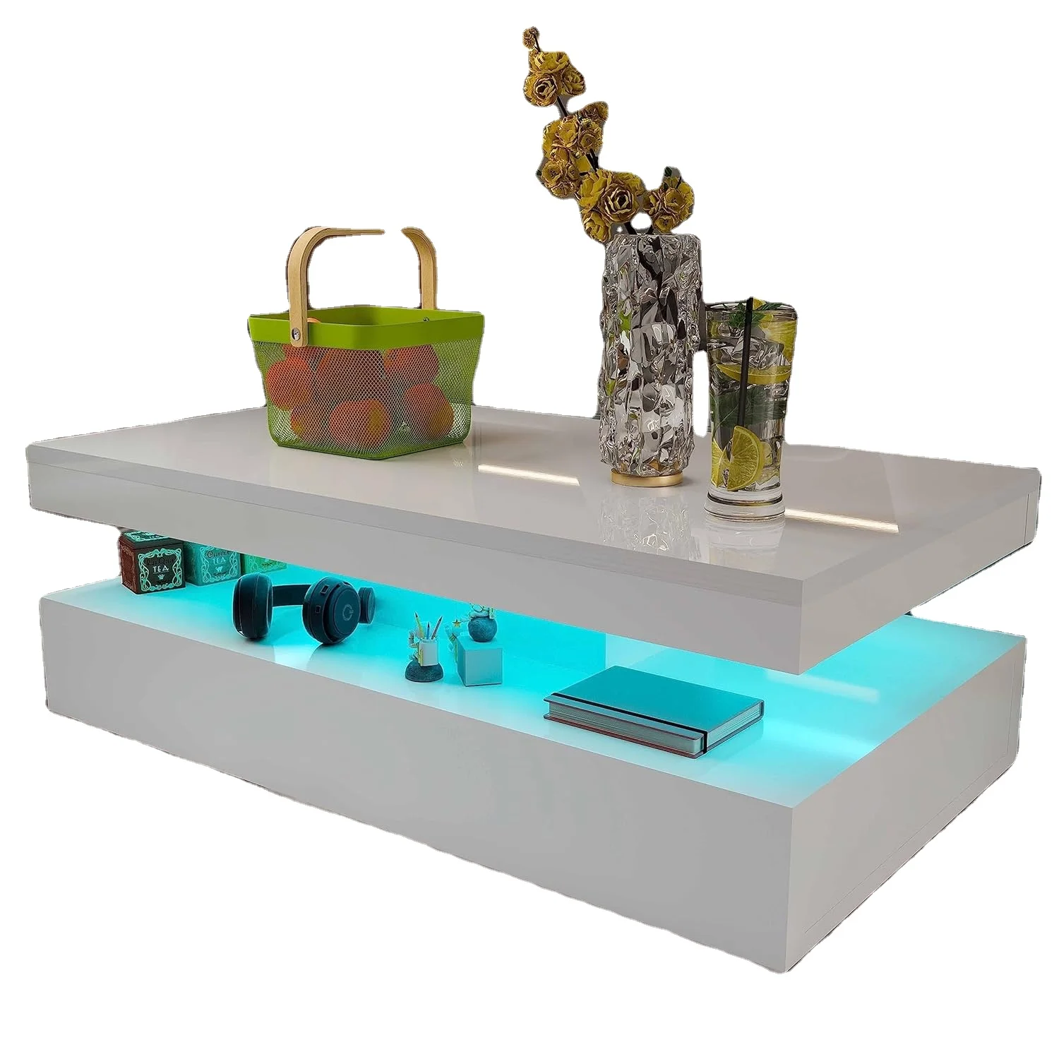 Modern White LED Light Rectangular Coffee Table with Remote Control for Living Room Furniture