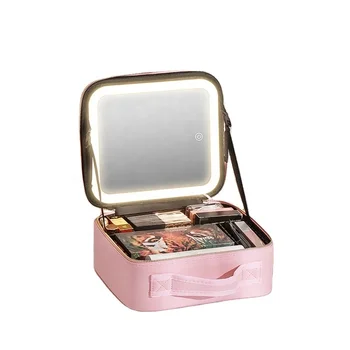 Wholesale price PU Leather Polish Organizer with Light and Mirror makeup case with lighted mirror customize pink