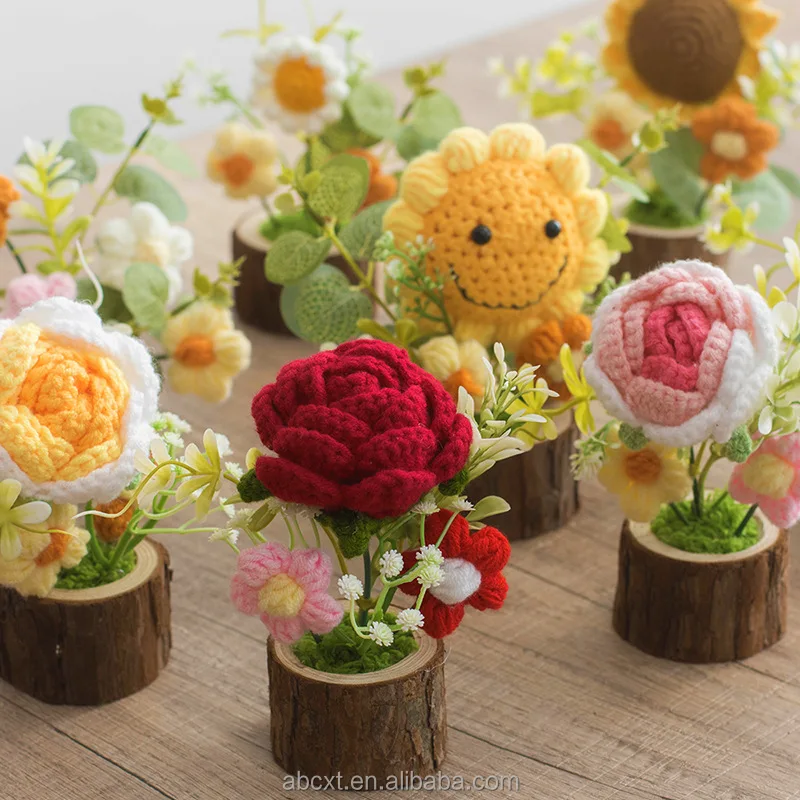 Knitting Handmade Crochet Rose Sunflower Flower Pot Plant for Home Decor