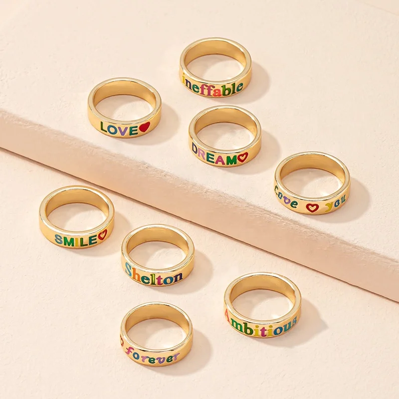 Custom Star Heart Smile Band 18k Gold Plated Name Letter Girl Ring Design  Mushroom Daisy Flower Jewelry Enamel Rings for Women